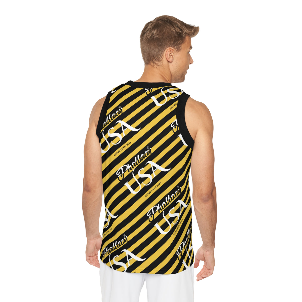 Phallacy USA Signature Men's Designer Basketball Jersey — Black and Yellow Striped Jersey