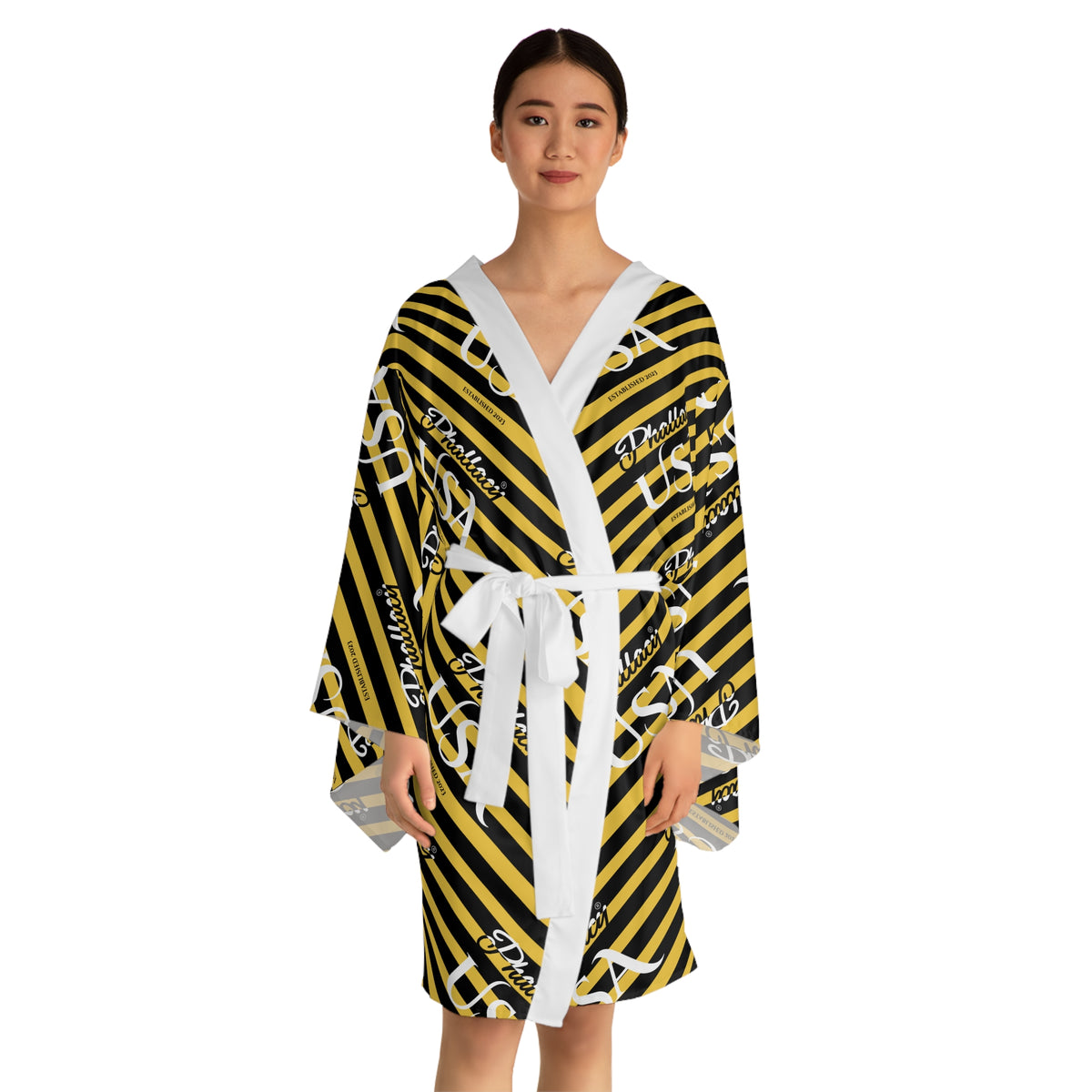 Phallacy USA Signature Women's Designer Kimono Robe — Black and Yellow Striped Robe