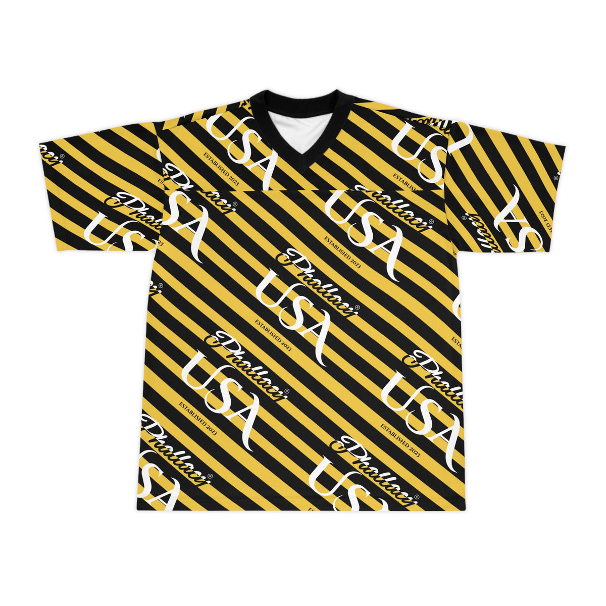 Phallacy USA Signature Designer Unisex Football Jersey — Black and Yellow Striped Jersey
