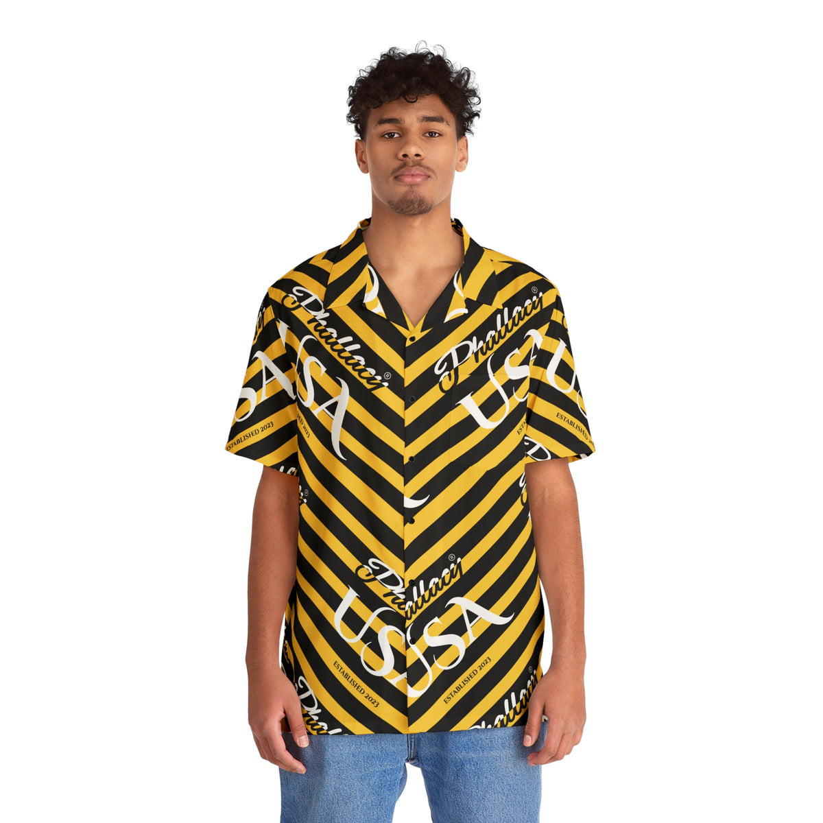Phallacy USA Signature Men's Designer Hawaiian Shirt — Black and Yellow Striped Shirt