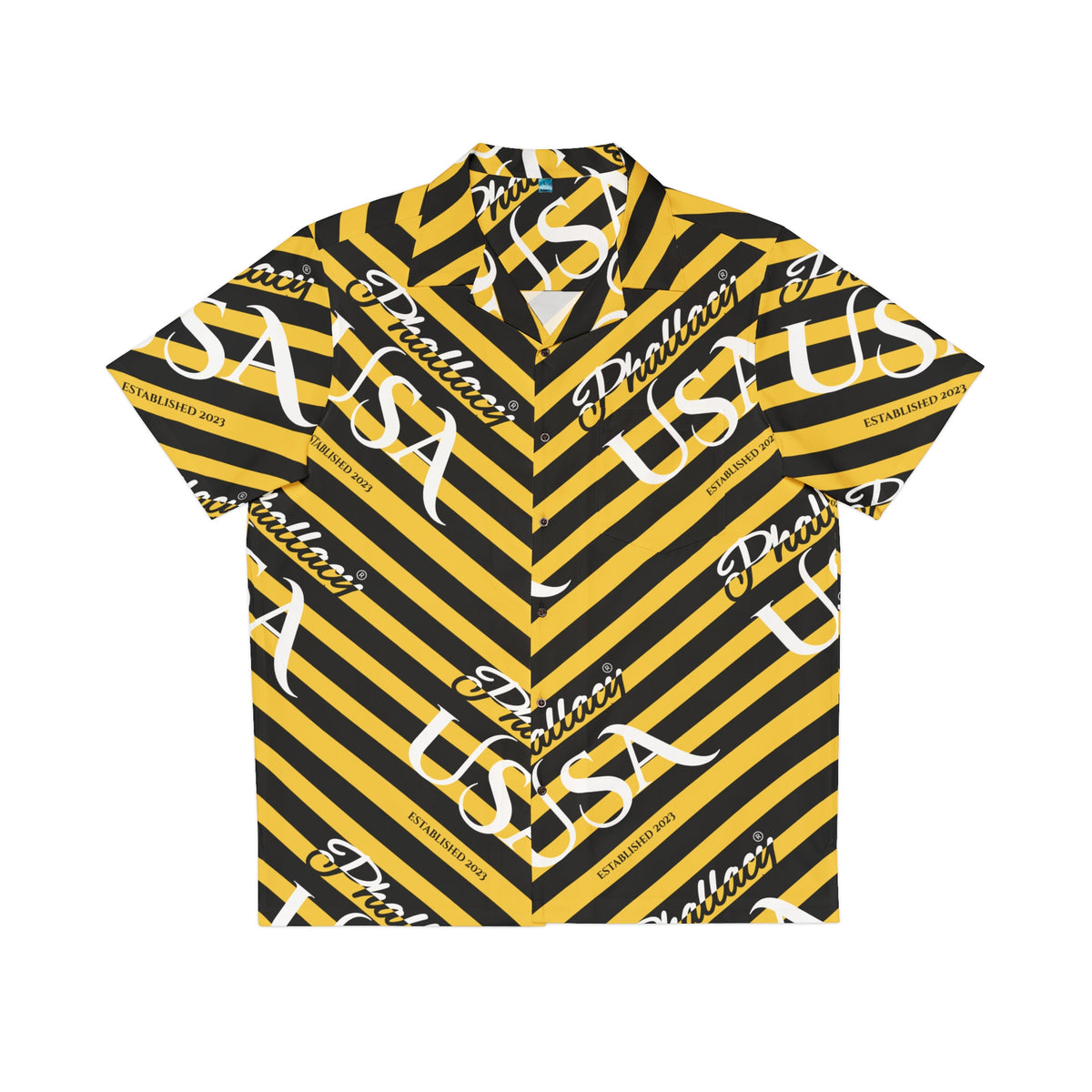 Phallacy USA Signature Men's Designer Hawaiian Shirt — Black and Yellow Striped Shirt