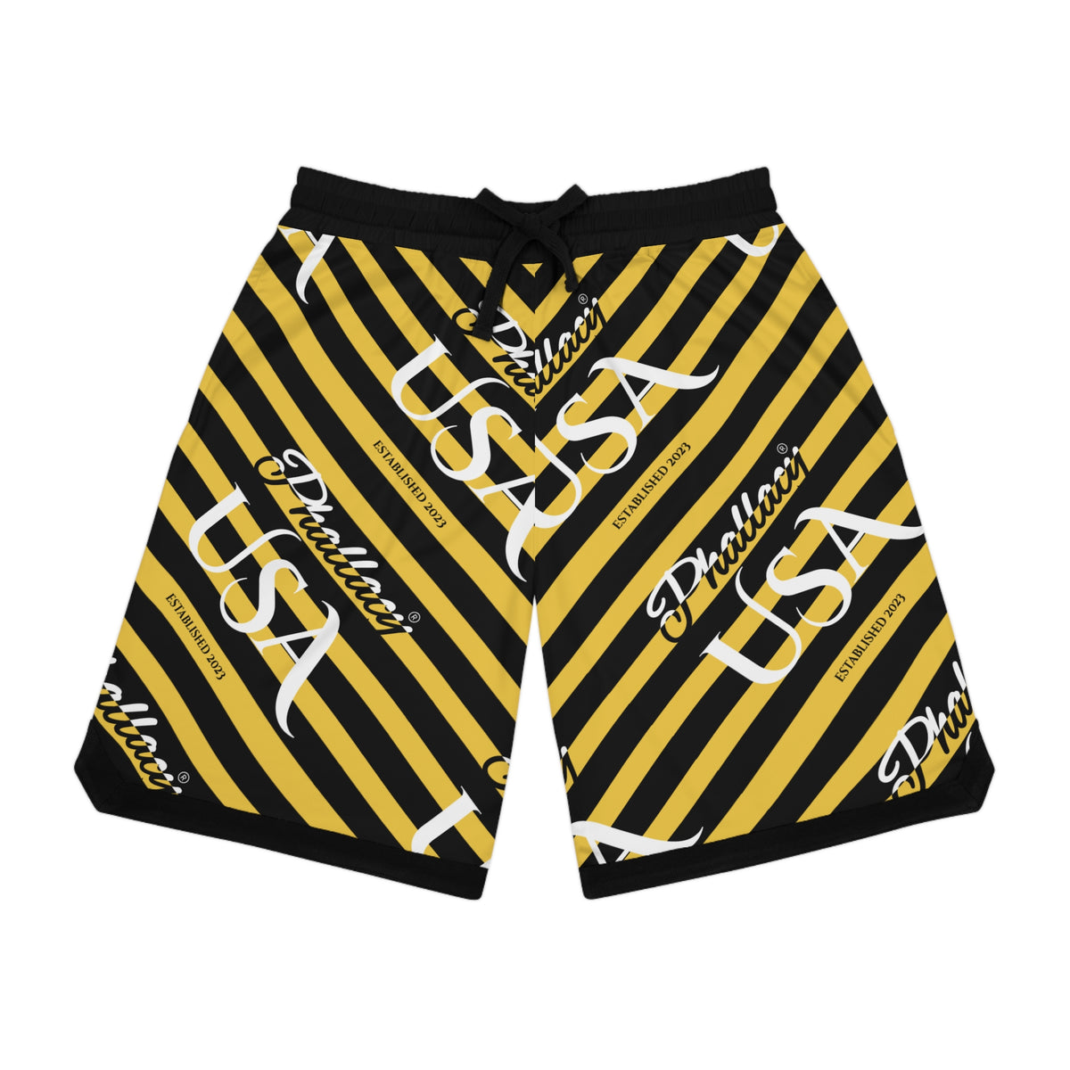 Phallacy USA Signature Men's Designer Basketball Shorts — Black and Yellow Striped Shorts
