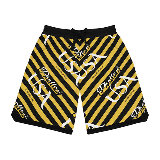 Phallacy USA Signature Men's Designer Basketball Shorts — Black and Yellow Striped Shorts