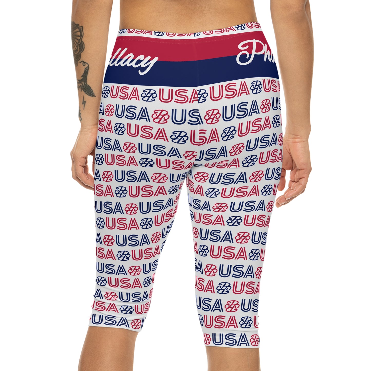 Phallacy USA Patriotic Capri Leggings — Red White Blue 'USA' Print