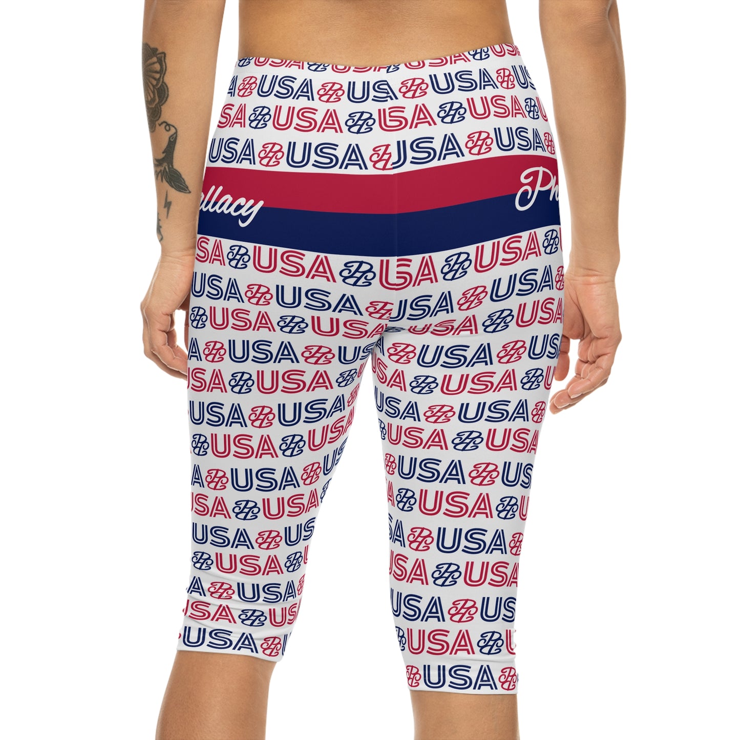 Phallacy USA Patriotic Capri Leggings — Red White Blue 'USA' Print
