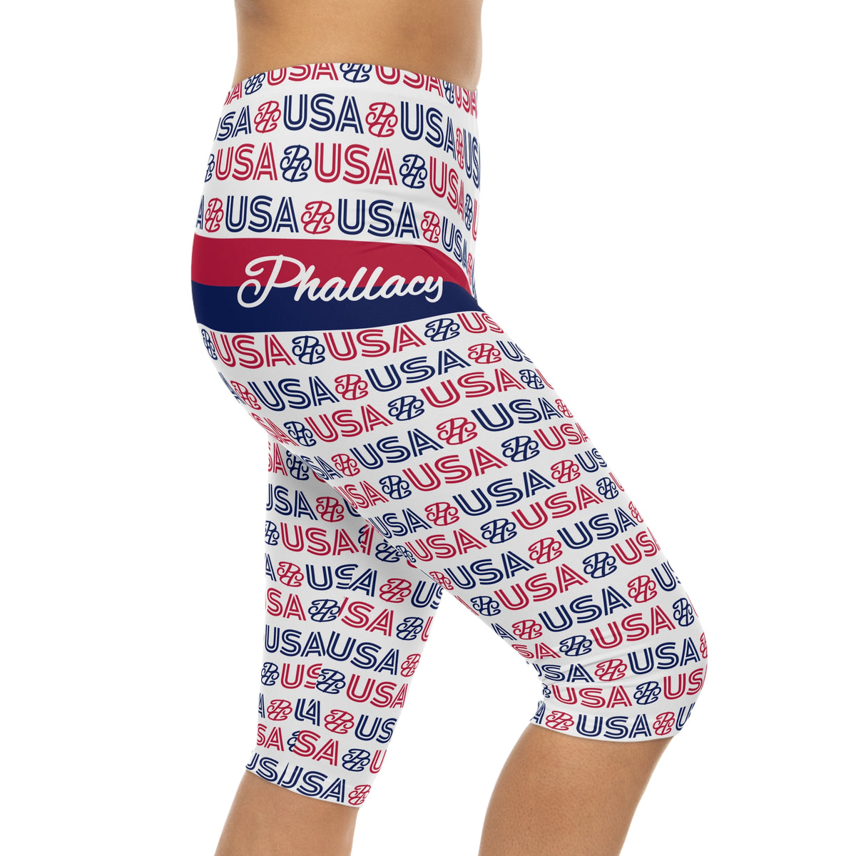 Phallacy USA Patriotic Capri Leggings — Red White Blue 'USA' Print