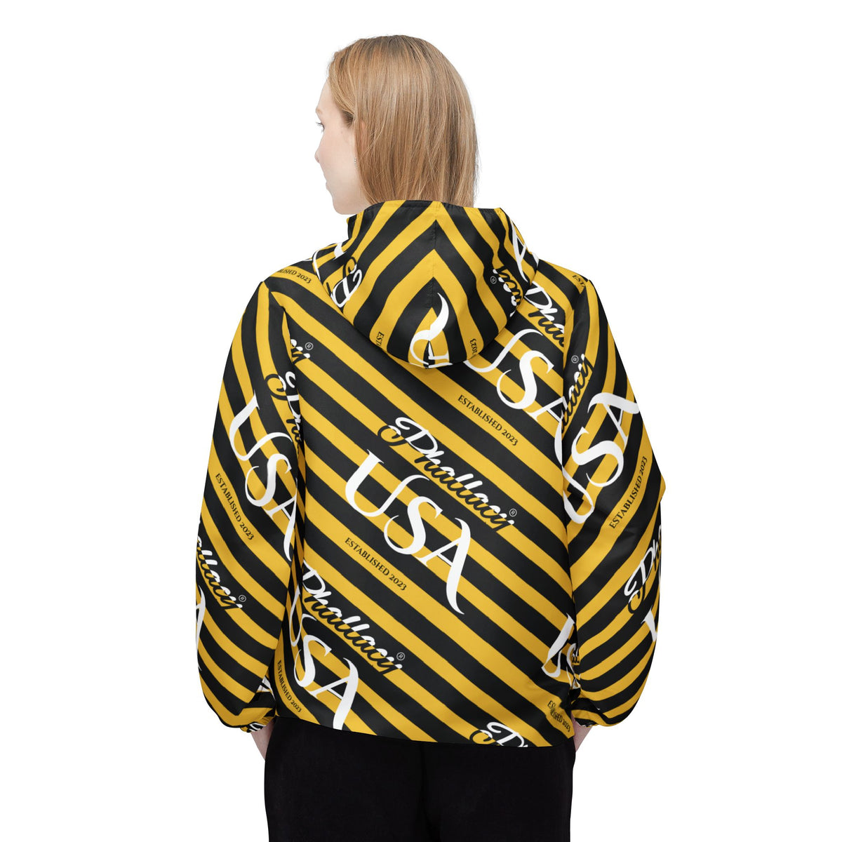 Phallacy USA Signature Designer Unisex Windbreaker Jacket — Black and Yellow Striped Windbreaker