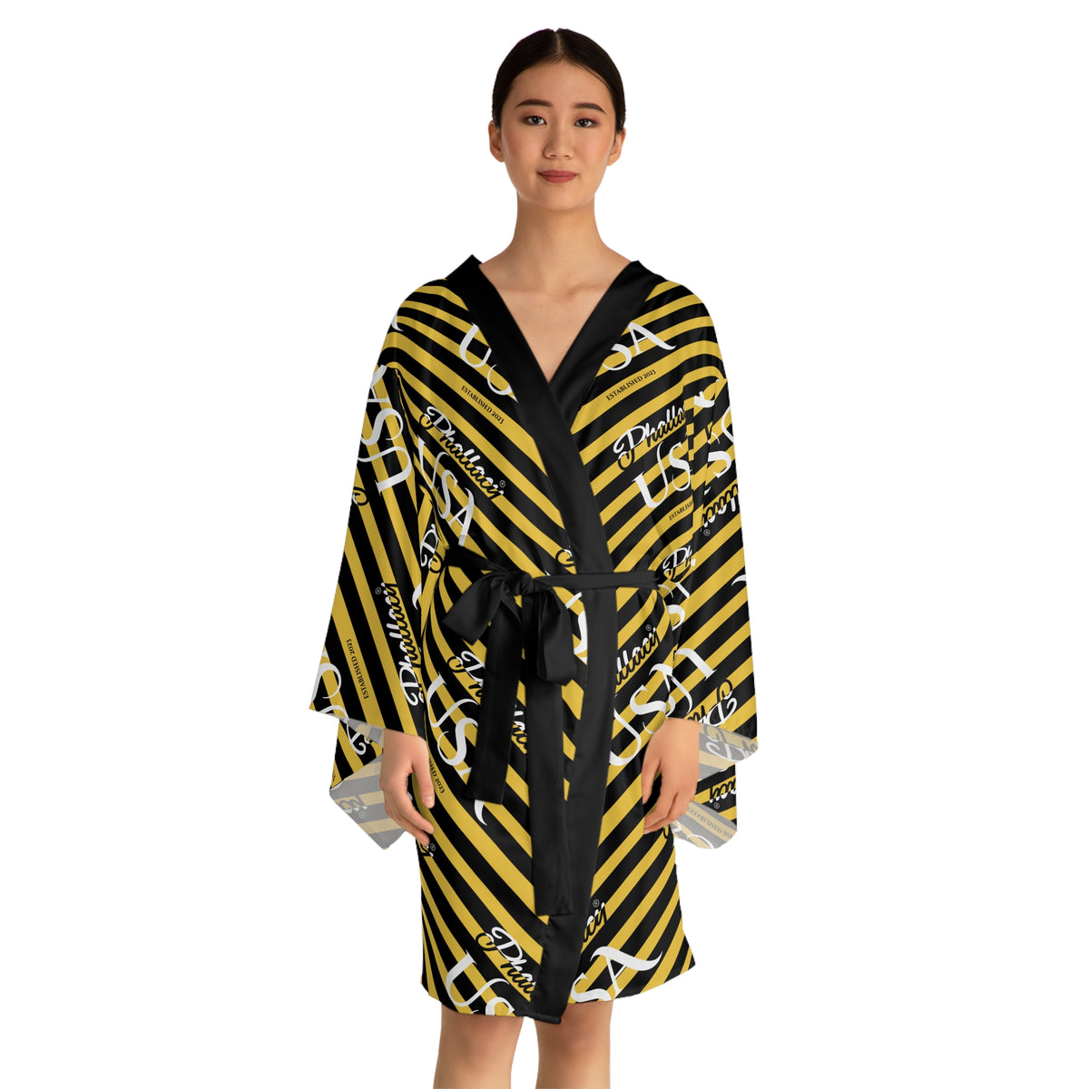 Phallacy USA Signature Women's Designer Kimono Robe — Black and Yellow Striped Robe