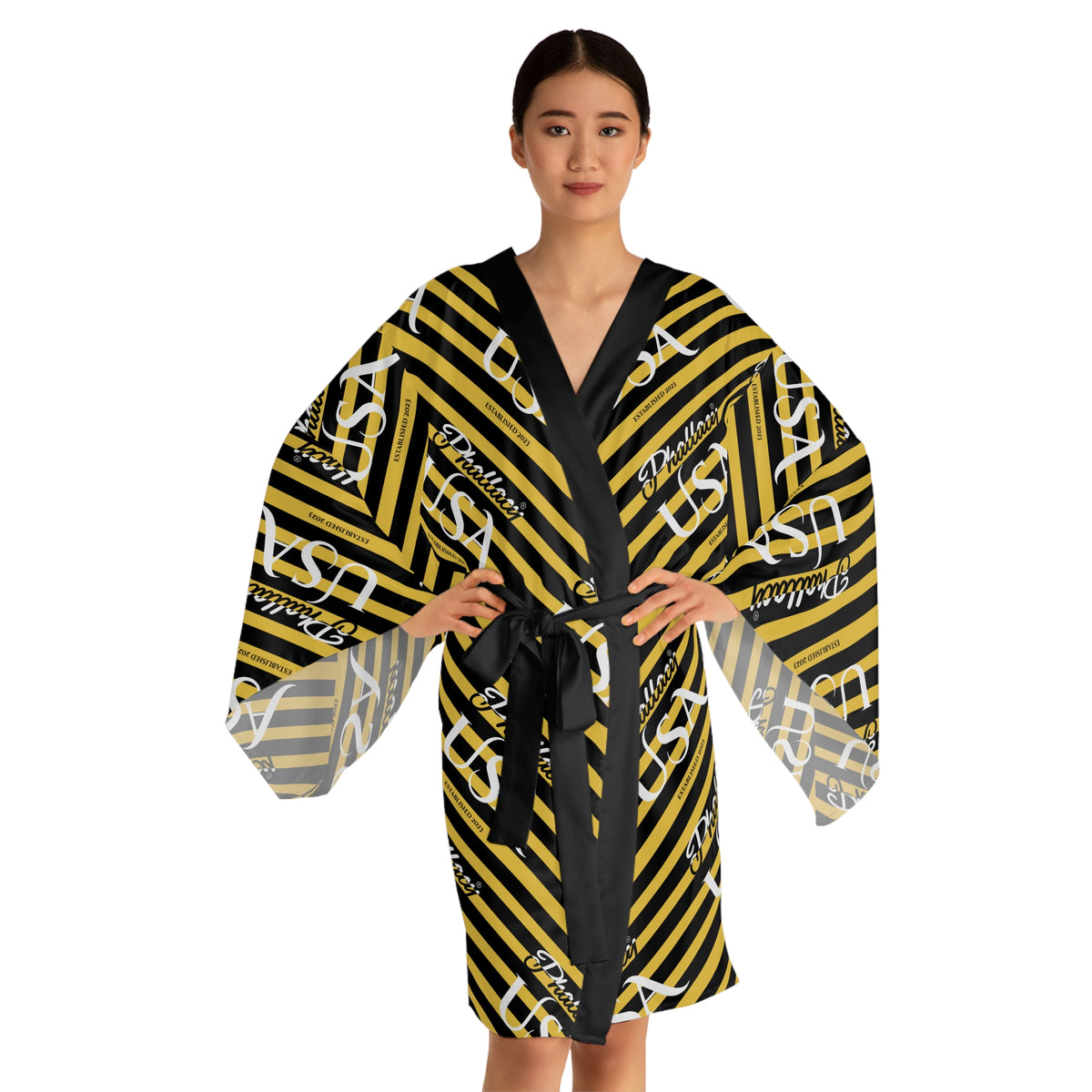 Phallacy USA Signature Women's Designer Kimono Robe — Black and Yellow Striped Robe