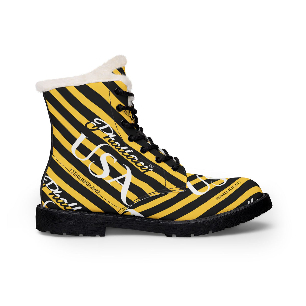 Phallacy USA Signature Women's Designer Fur-Lined Leather Boots — Black and Yellow Striped Boots