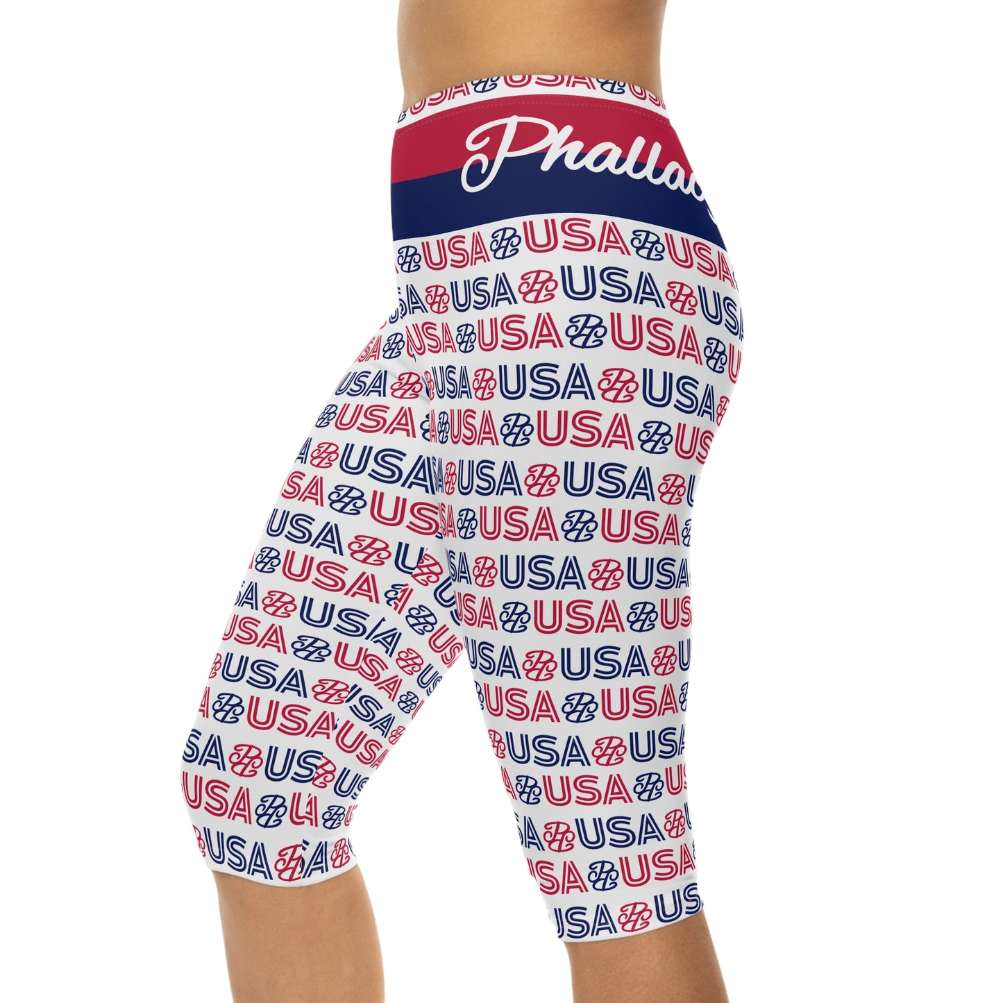 Phallacy USA Patriotic Capri Leggings — Red White Blue 'USA' Print