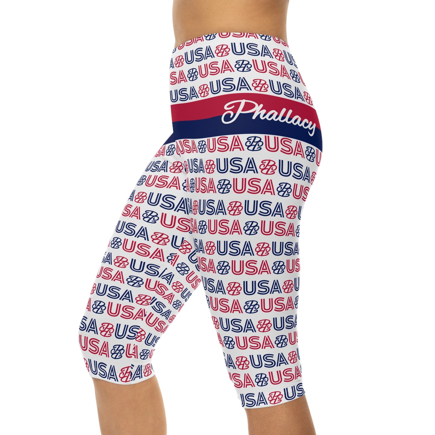 Phallacy USA Patriotic Capri Leggings — Red White Blue 'USA' Print