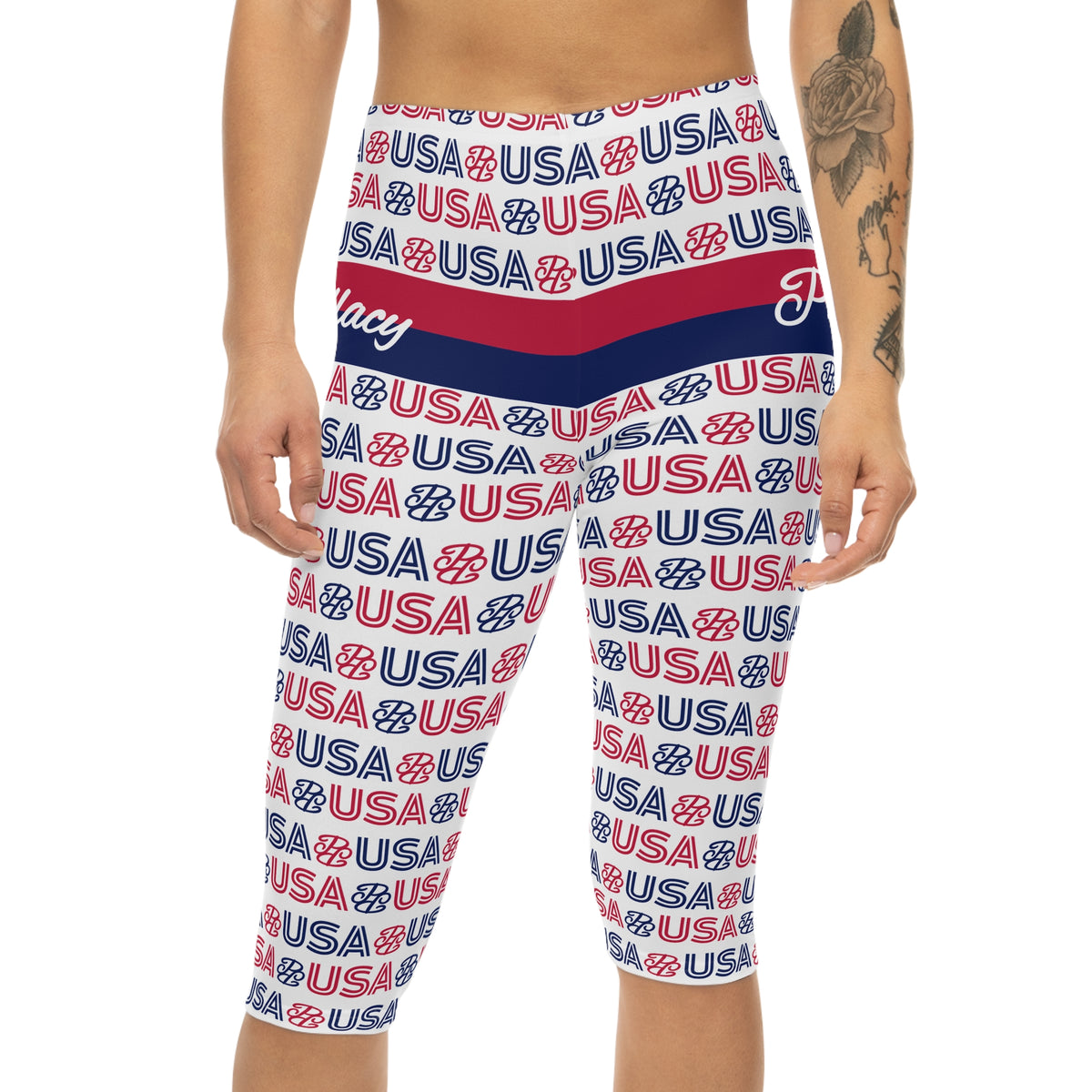 Phallacy USA Patriotic Capri Leggings — Red White Blue 'USA' Print