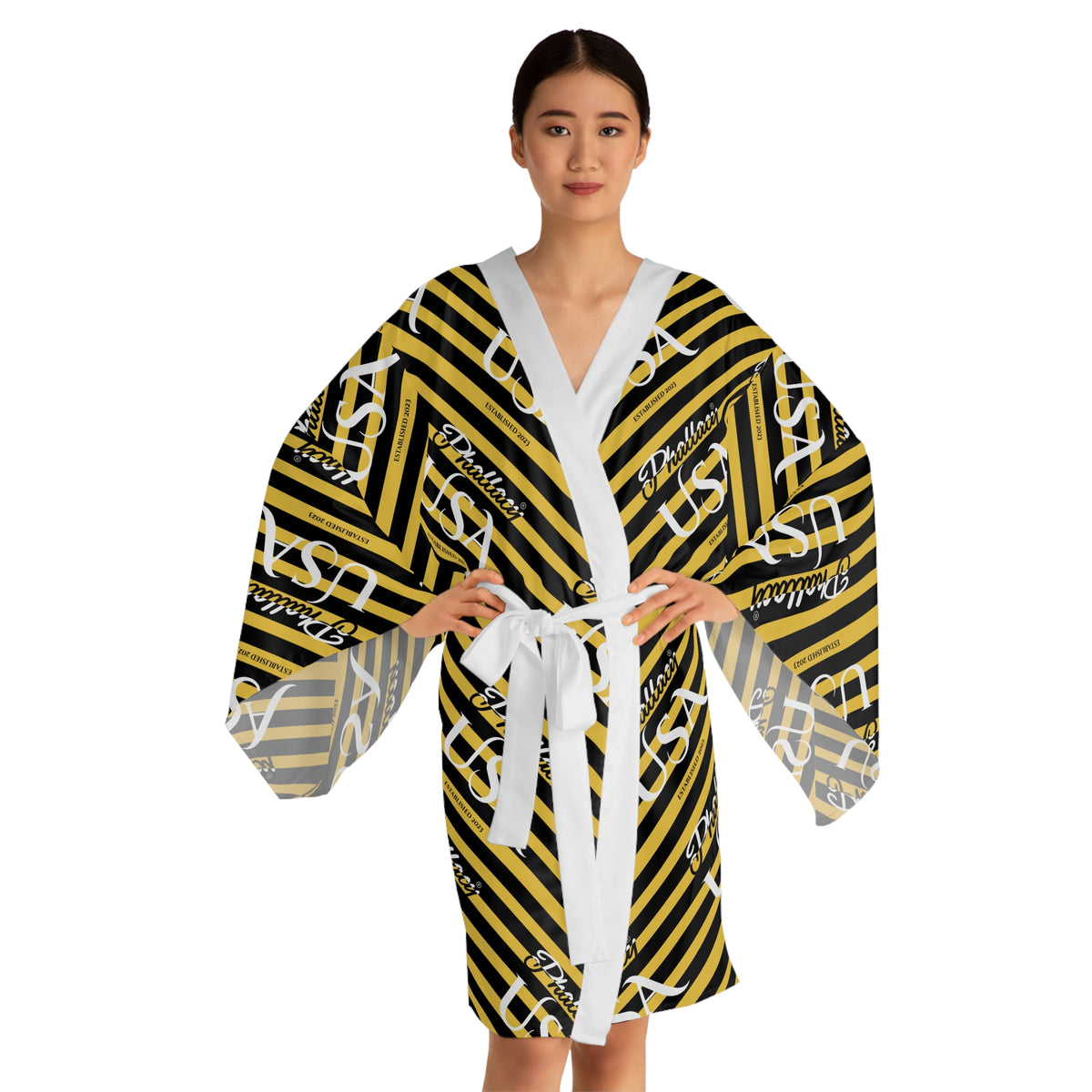 Phallacy USA Signature Women's Designer Kimono Robe — Black and Yellow Striped Robe