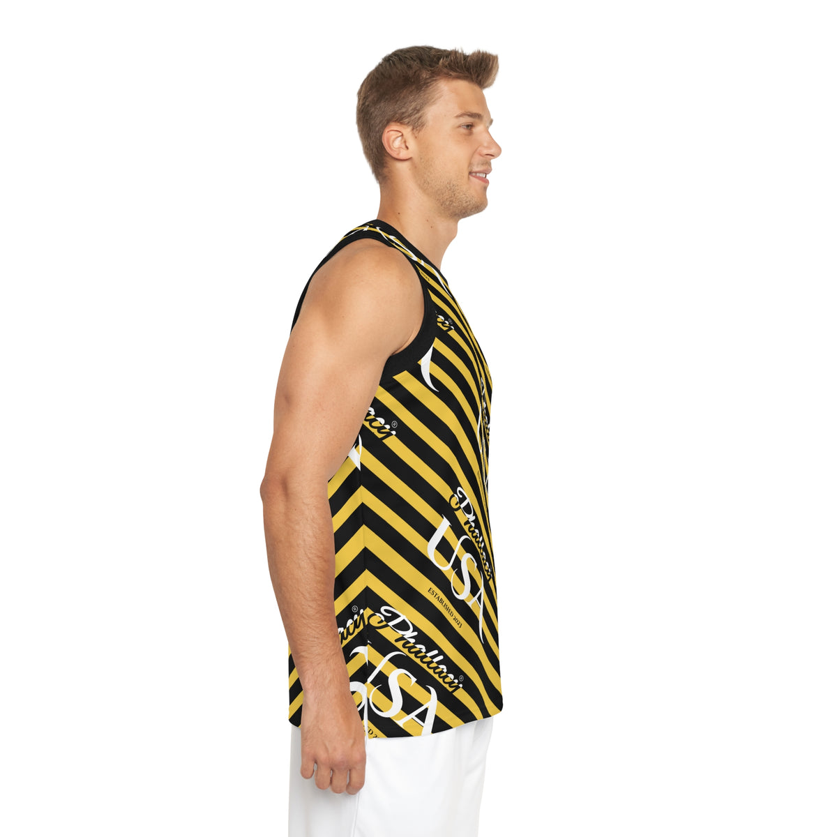 Phallacy USA Signature Men's Designer Basketball Jersey — Black and Yellow Striped Jersey