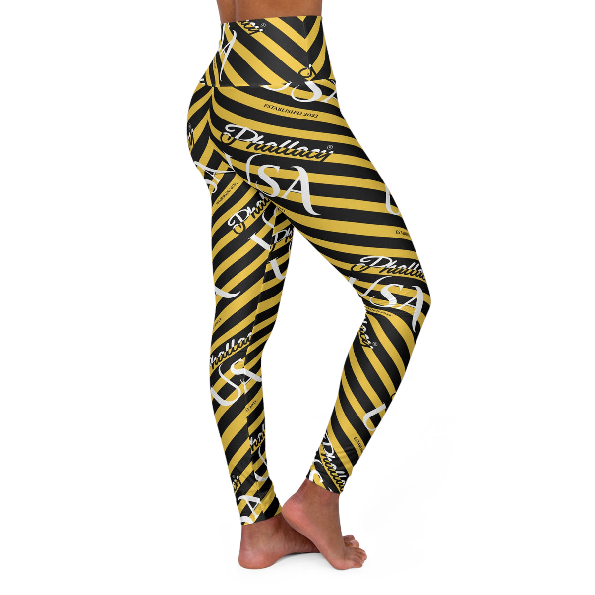 Phallacy USA Signature Designer High-Waisted Yoga Leggings —  Black and Yellow Striped Leggings