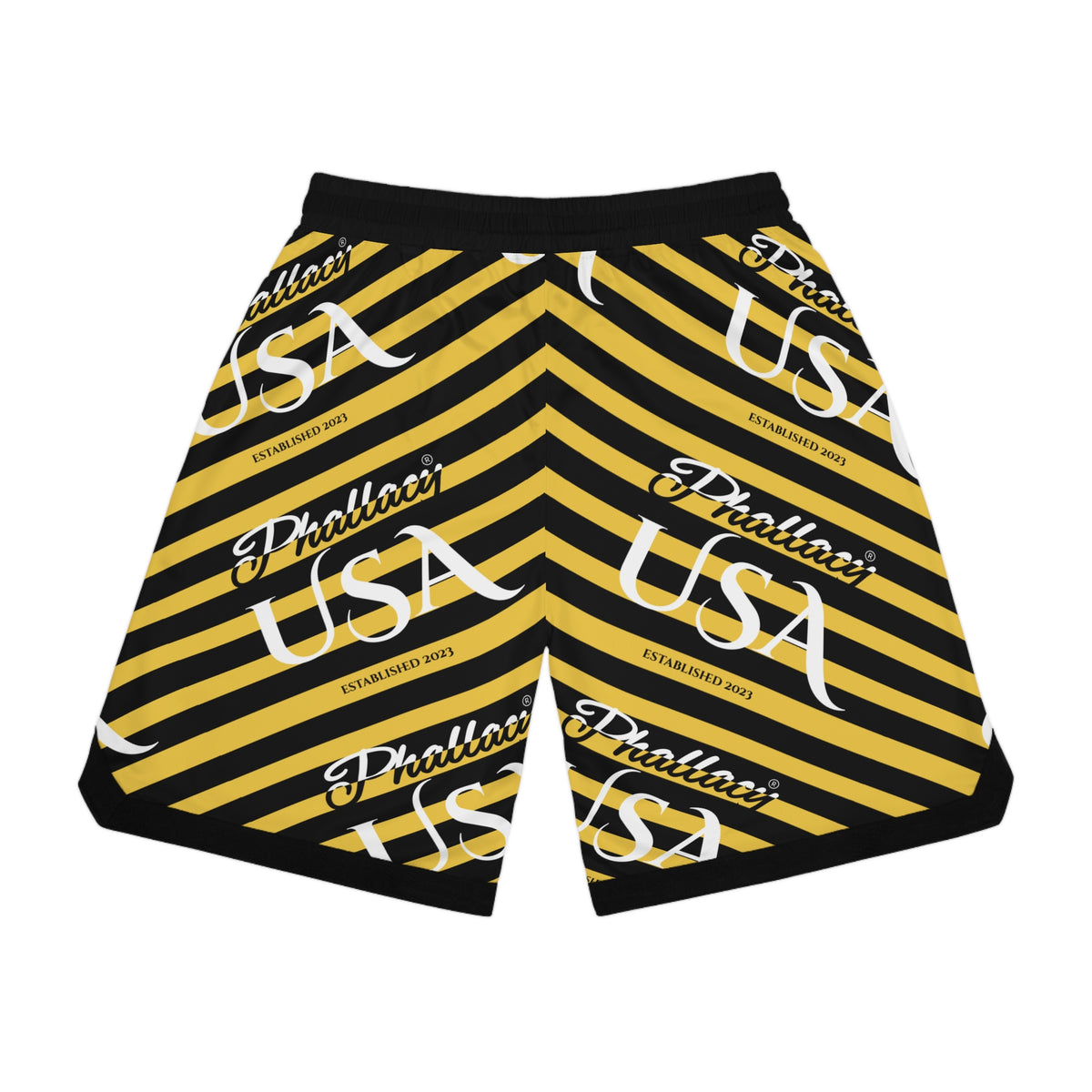 Phallacy USA Signature Men's Designer Basketball Shorts — Black and Yellow Striped Shorts
