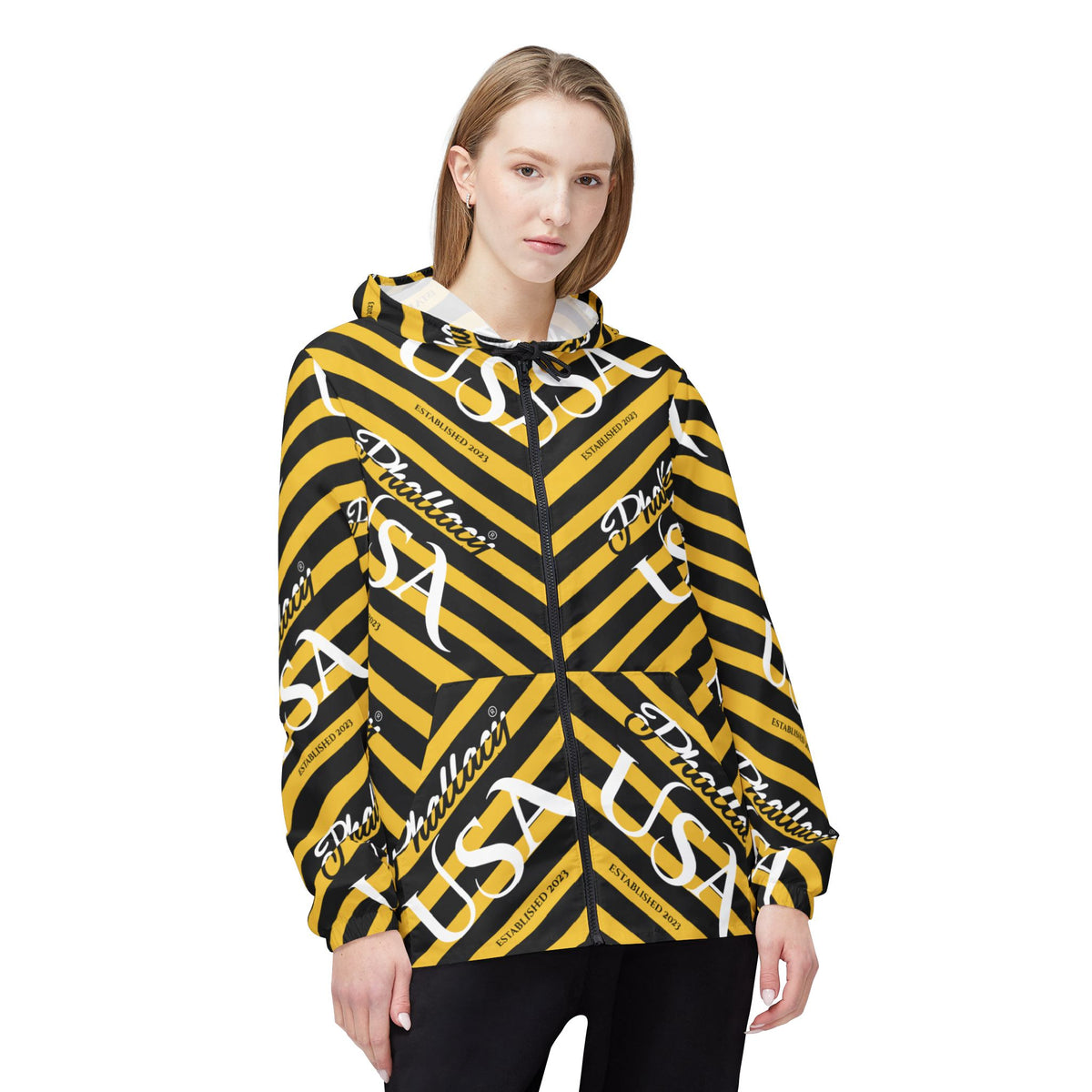 Phallacy USA Signature Designer Unisex Windbreaker Jacket — Black and Yellow Striped Windbreaker