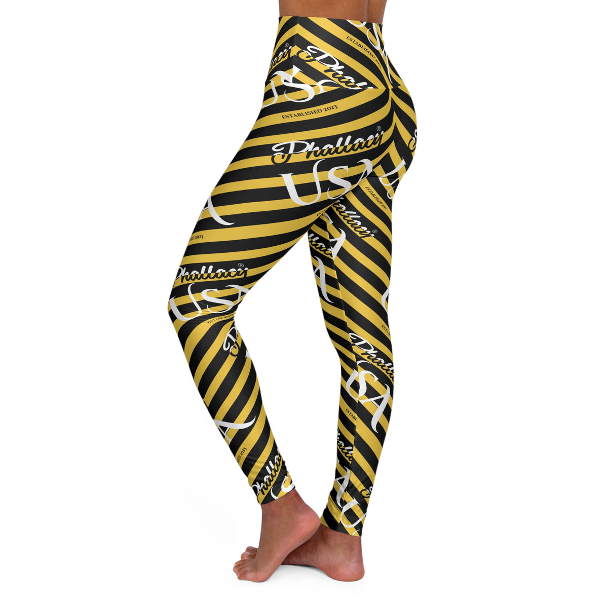 Phallacy USA Signature Designer High-Waisted Yoga Leggings —  Black and Yellow Striped Leggings
