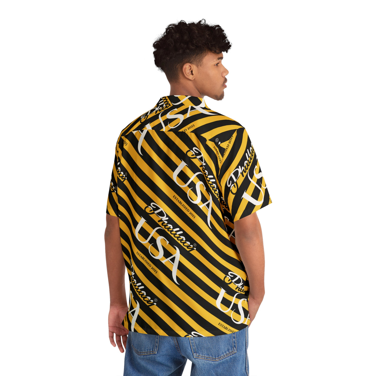 Phallacy USA Signature Men's Designer Hawaiian Shirt — Black and Yellow Striped Shirt