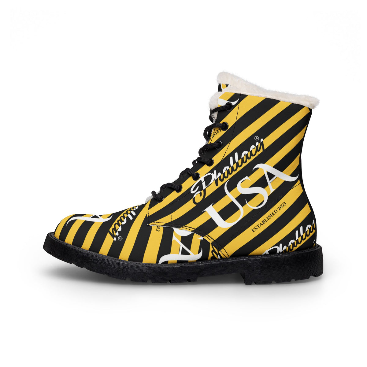 Phallacy USA Signature Women's Designer Fur-Lined Leather Boots — Black and Yellow Striped Boots