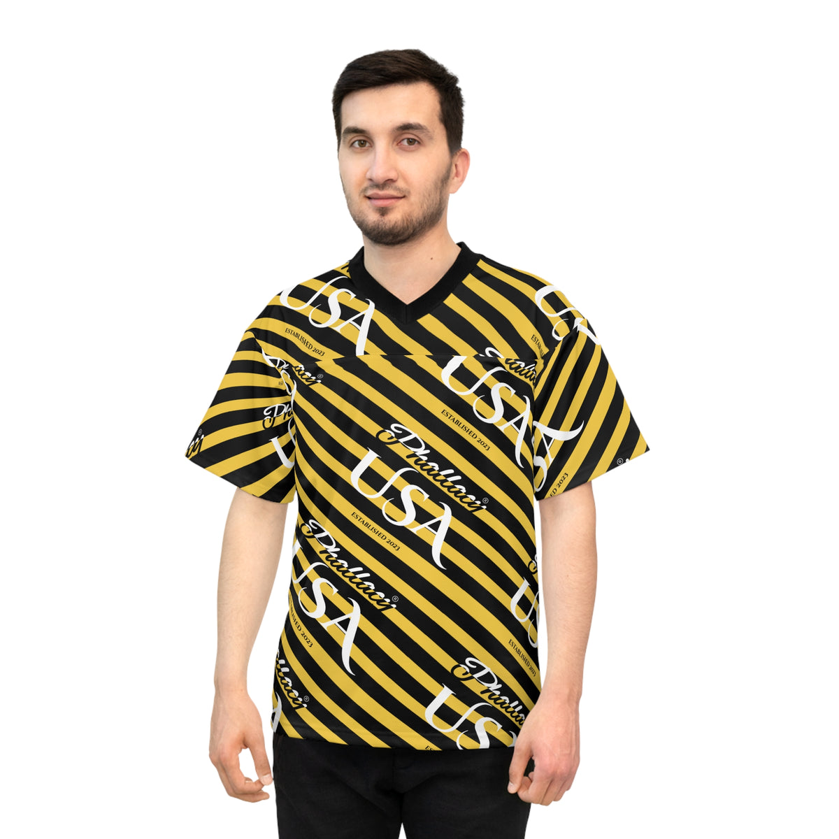 Phallacy USA Signature Designer Unisex Football Jersey — Black and Yellow Striped Jersey