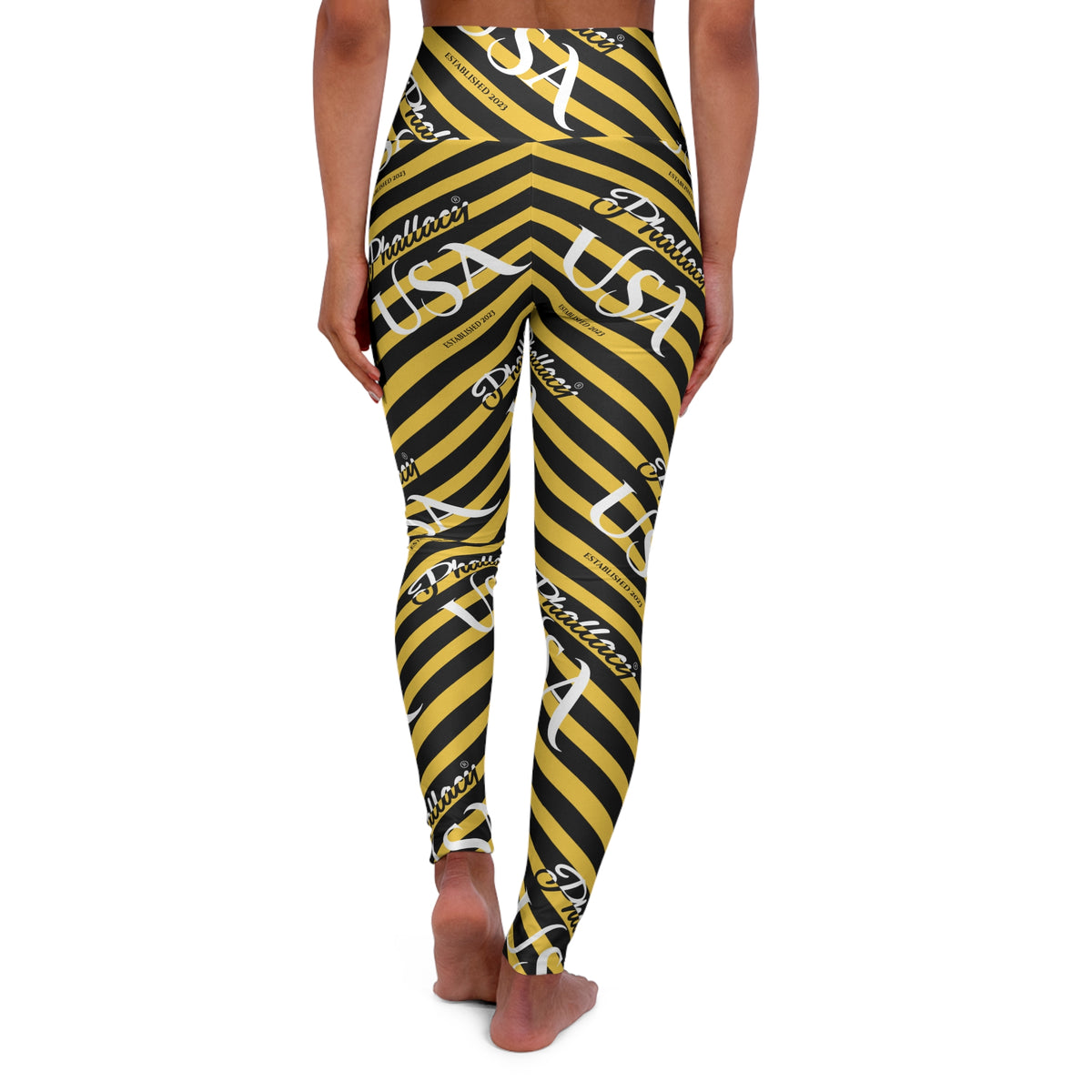 Phallacy USA Signature Designer High-Waisted Yoga Leggings —  Black and Yellow Striped Leggings