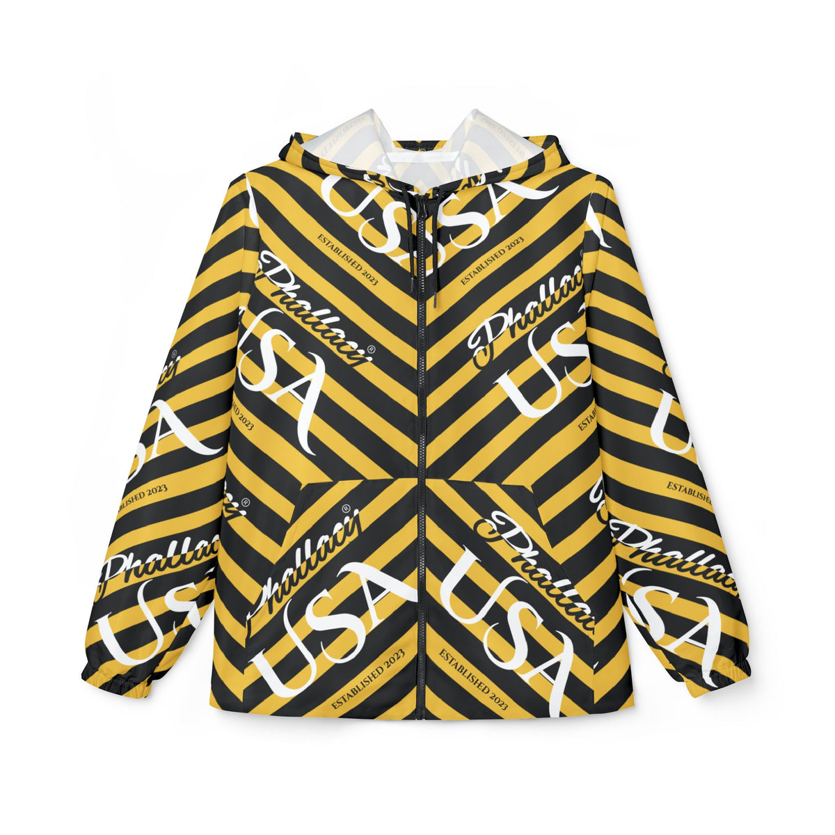 Phallacy USA Signature Designer Unisex Windbreaker Jacket — Black and Yellow Striped Windbreaker