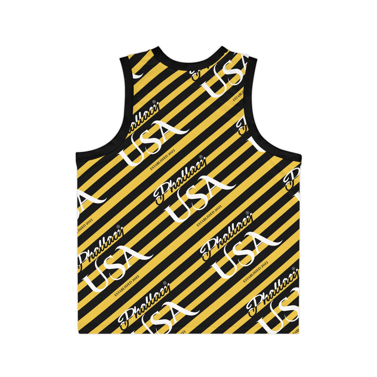 Phallacy USA Signature Men's Designer Basketball Jersey — Black and Yellow Striped Jersey