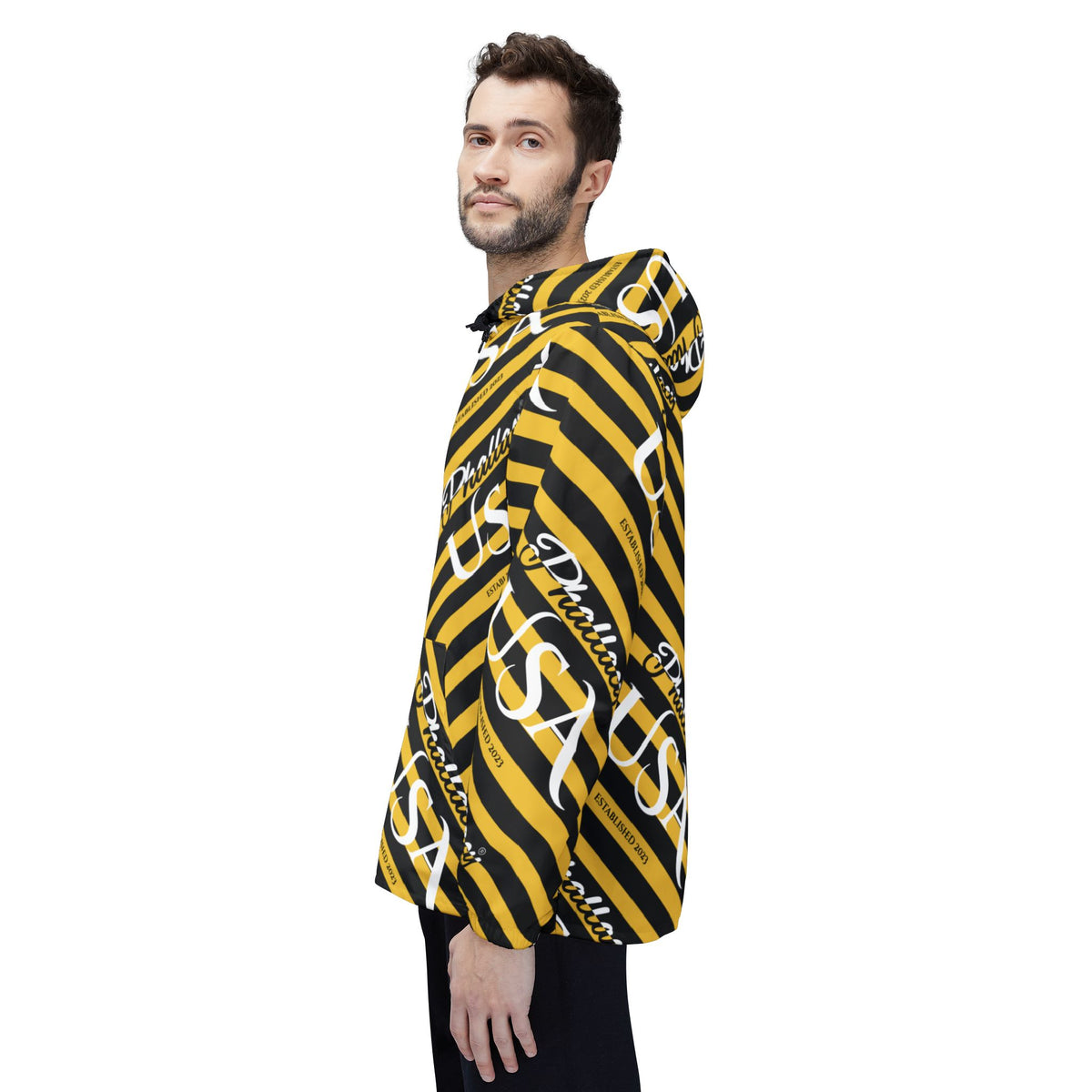 Phallacy USA Signature Designer Unisex Windbreaker Jacket — Black and Yellow Striped Windbreaker