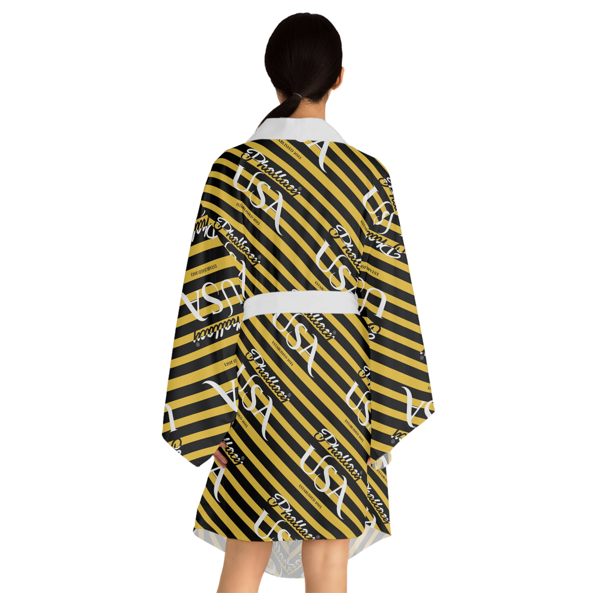 Phallacy USA Signature Women's Designer Kimono Robe — Black and Yellow Striped Robe