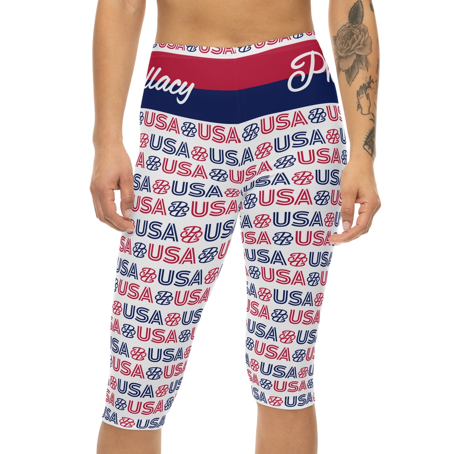 Phallacy USA Patriotic Capri Leggings — Red White Blue 'USA' Print
