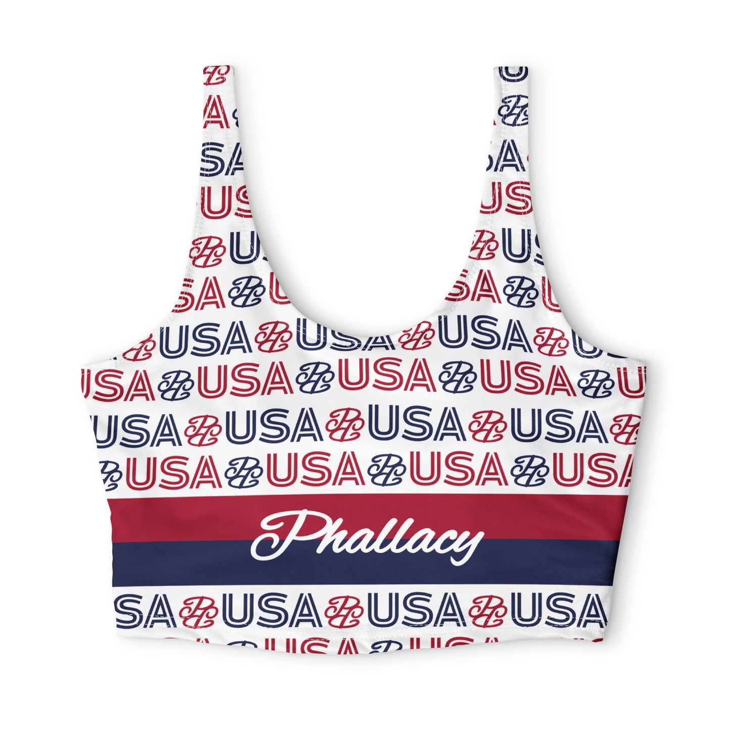 Phallacy USA Designer Sports Bra — Patriotic Red White & Blue Workout Top