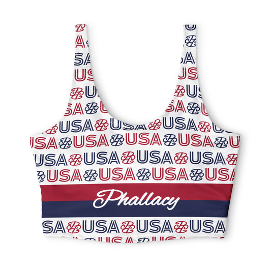 Phallacy USA Designer Sports Bra — Patriotic Red White & Blue Workout Top