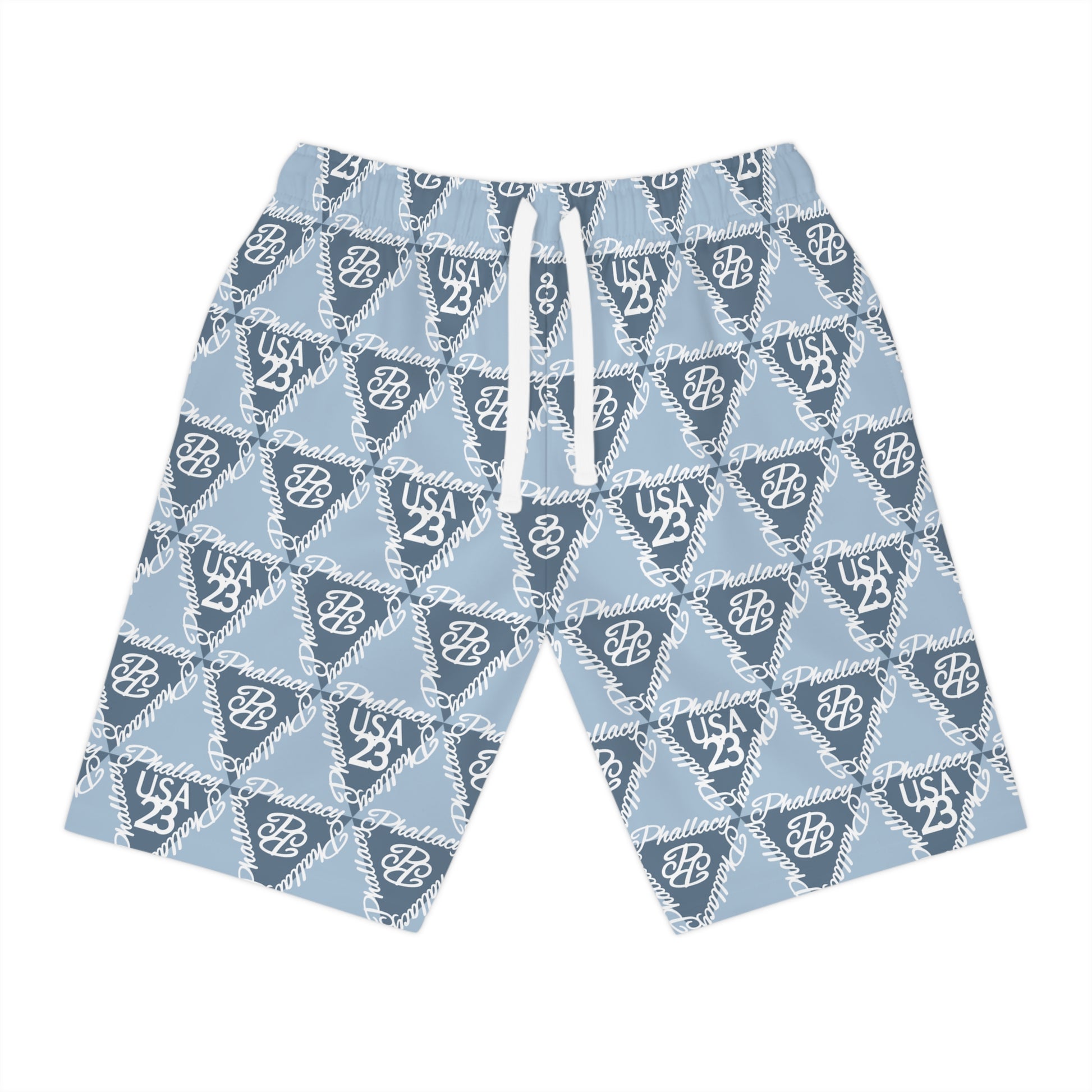 Stylish premium men's workout shorts with an all over print design featuring a blue and white pattern