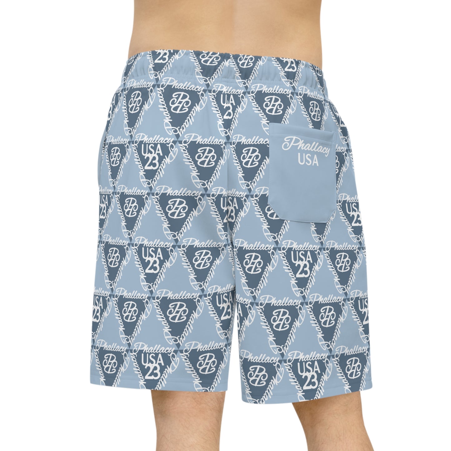 Back view of premium men's workout shorts featuring an all-over print design by Printify