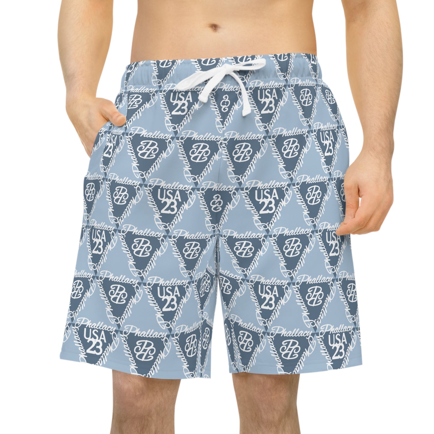 Premium men's workout shorts featuring an all over print design in gray and white for stylish performance