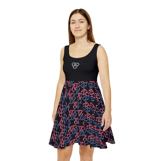 Phallacy women's activewear dresses with black fitted top and patterned flared skirt in red and blue