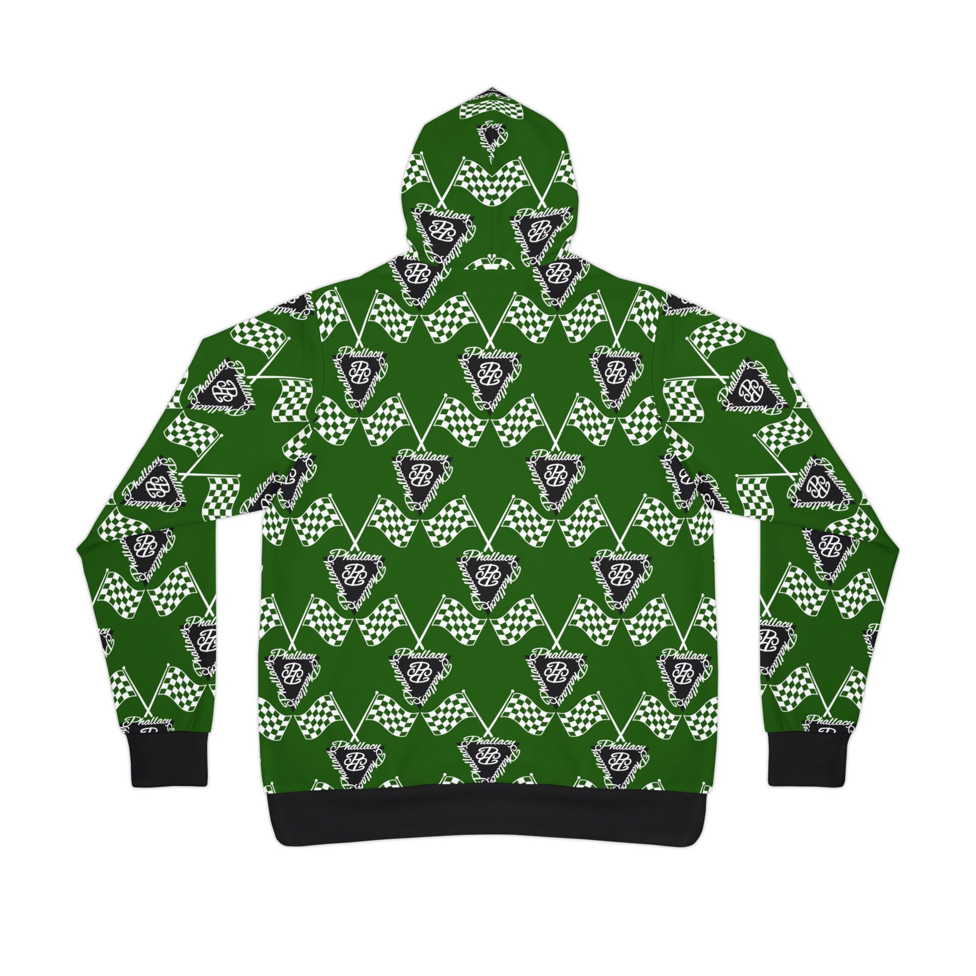 Green all over printed designer athletic hoodie featuring a vibrant geometric pattern