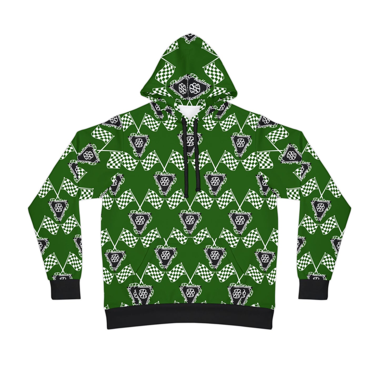 Green all over print designer athletic hoodie with unique geometric patterns and black accents