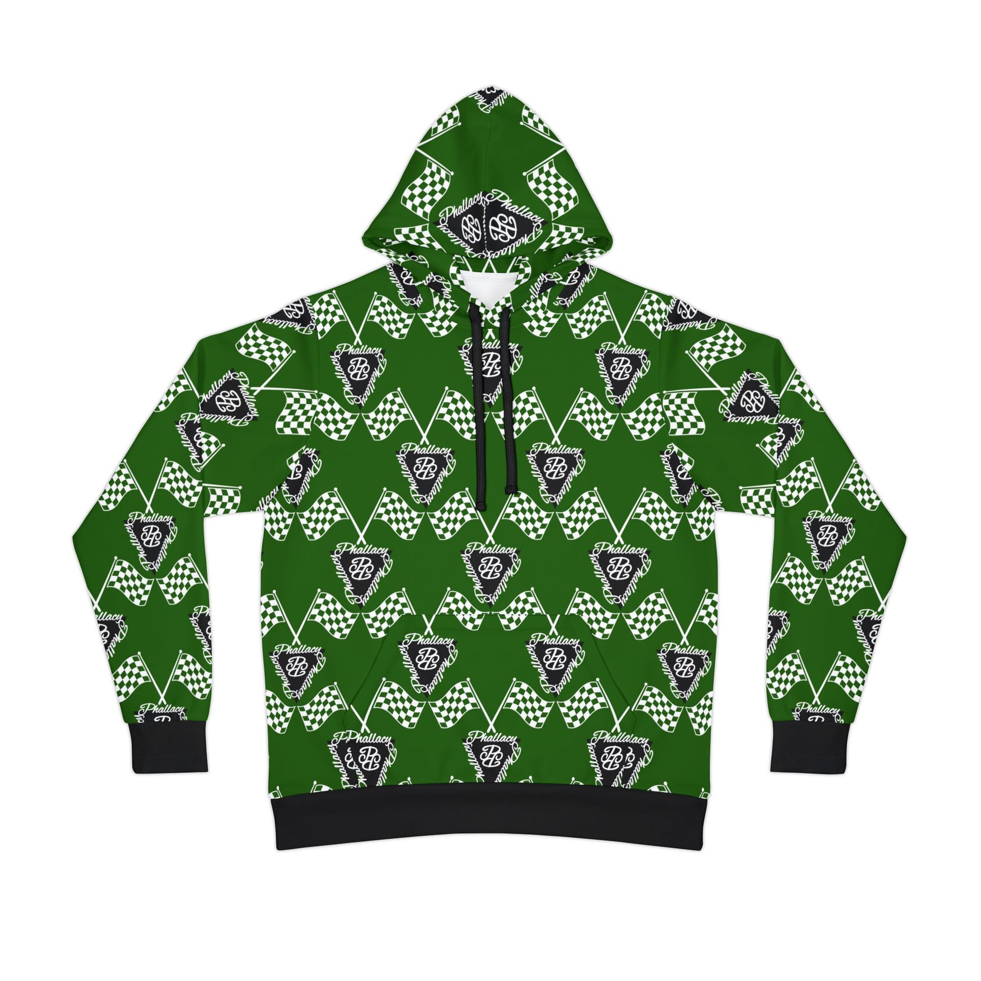 Green all over print designer athletic hoodie with unique geometric patterns and black accents