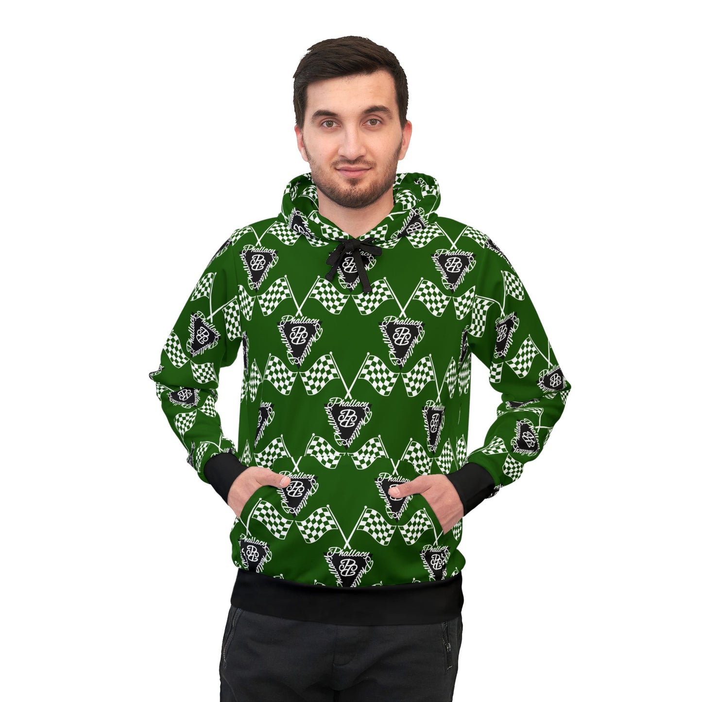 Green All Over Print Designer Athletic Hoodie with Unique Pattern and Front Pockets