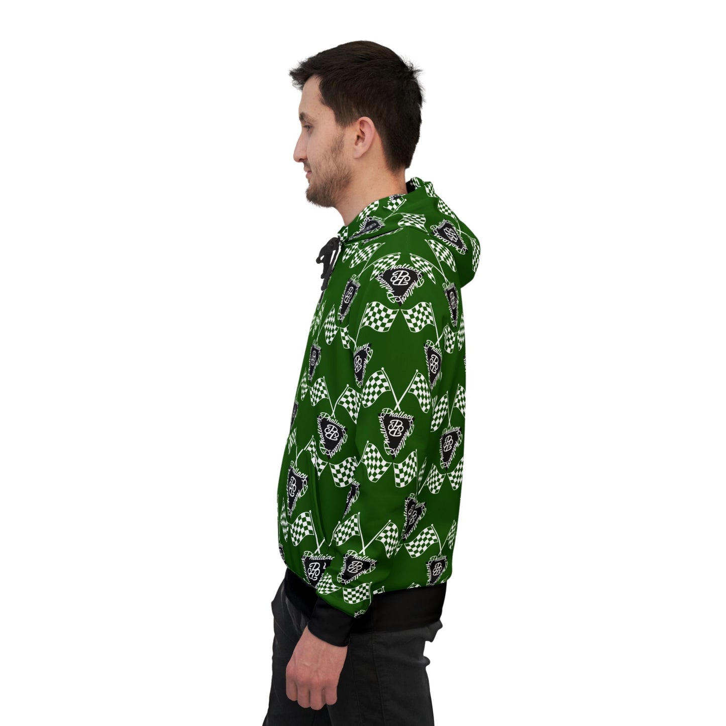 Green designer athletic hoodie featuring all over print with unique patterns for stylish comfort