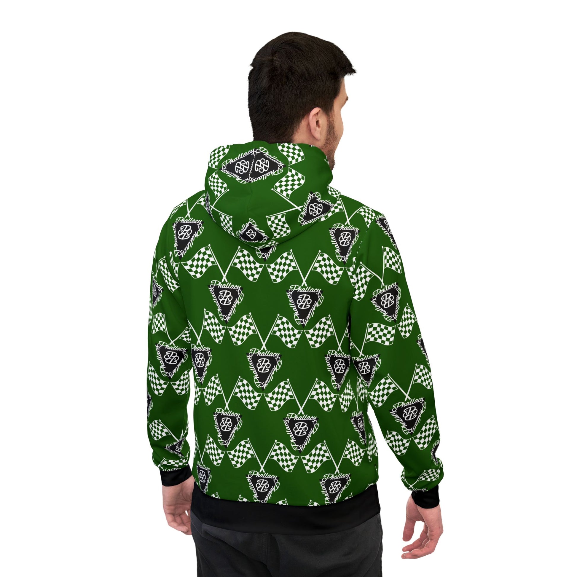 Men's green designer athletic hoodie with all over print pattern for a stylish active look