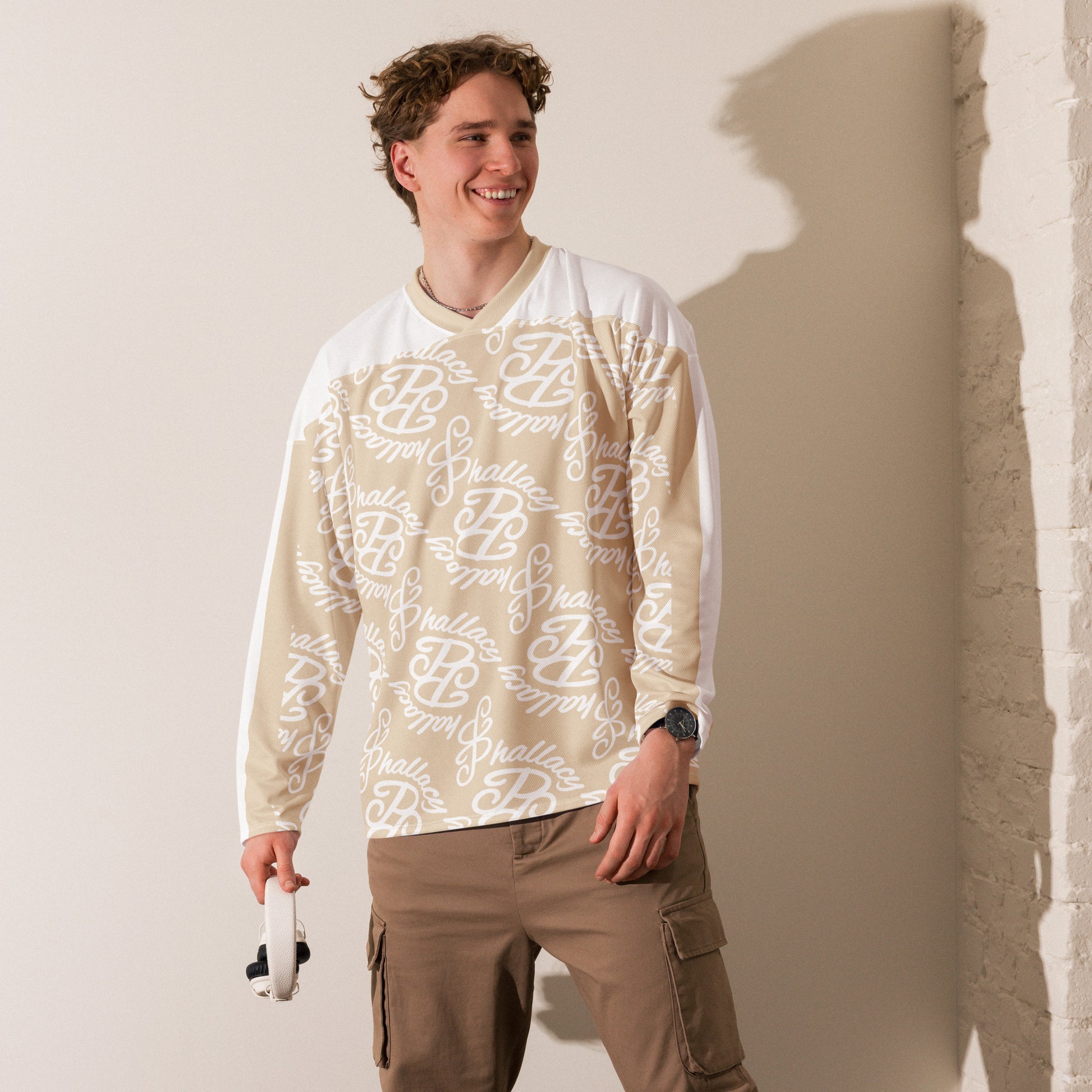 Men's all over print designer hockey jersey in cream with stylish logo design for casual wear