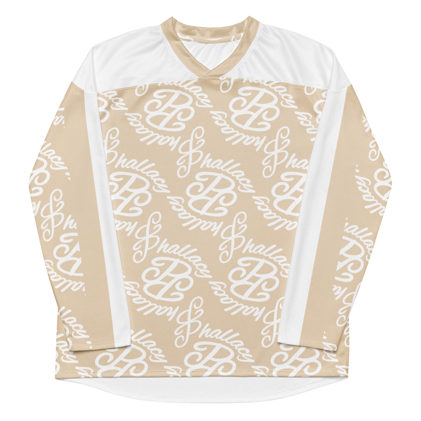 Designer hockey jersey in beige with all over print logo for stylish sportswear enthusiasts