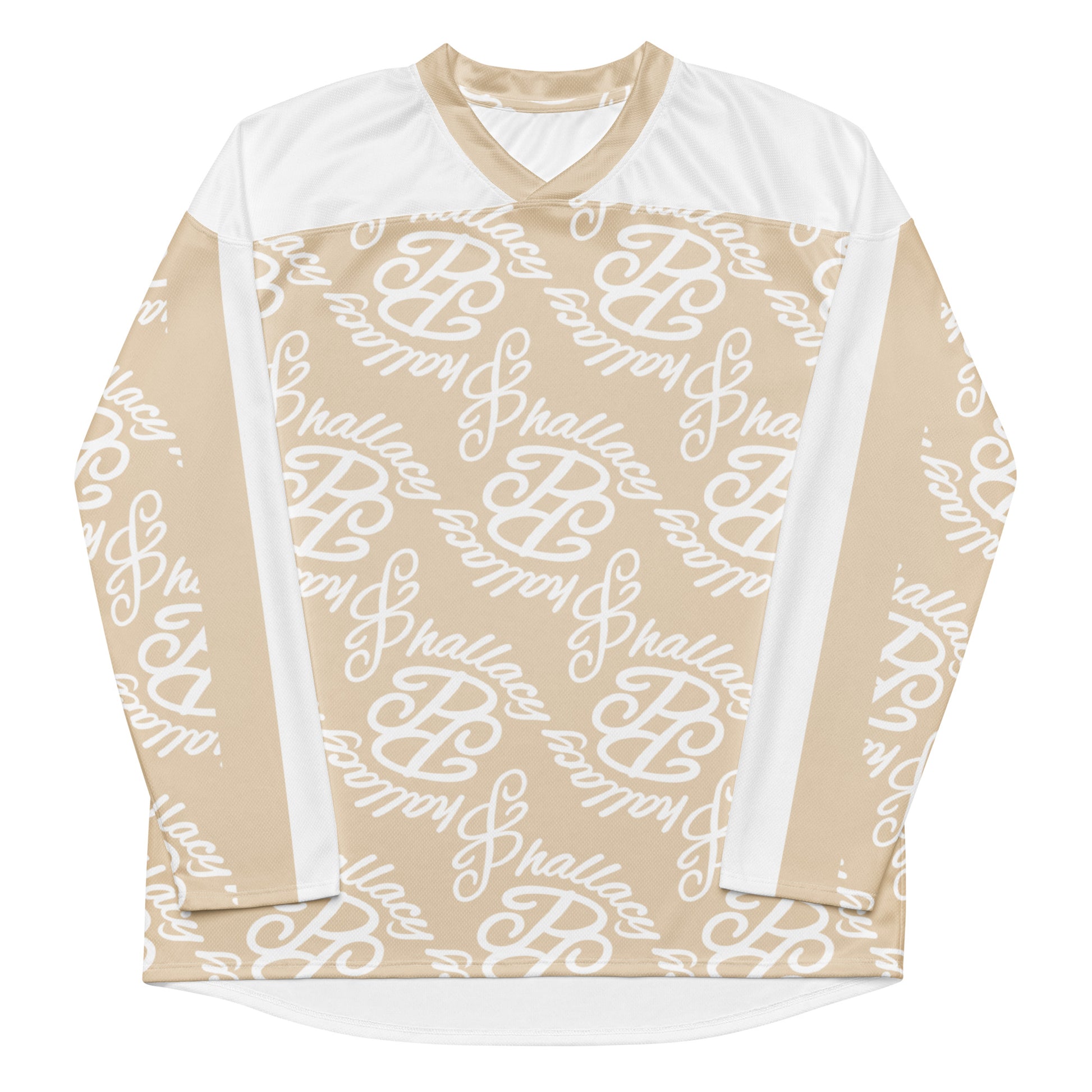 Designer hockey jersey in beige with all over print logo for stylish sportswear enthusiasts
