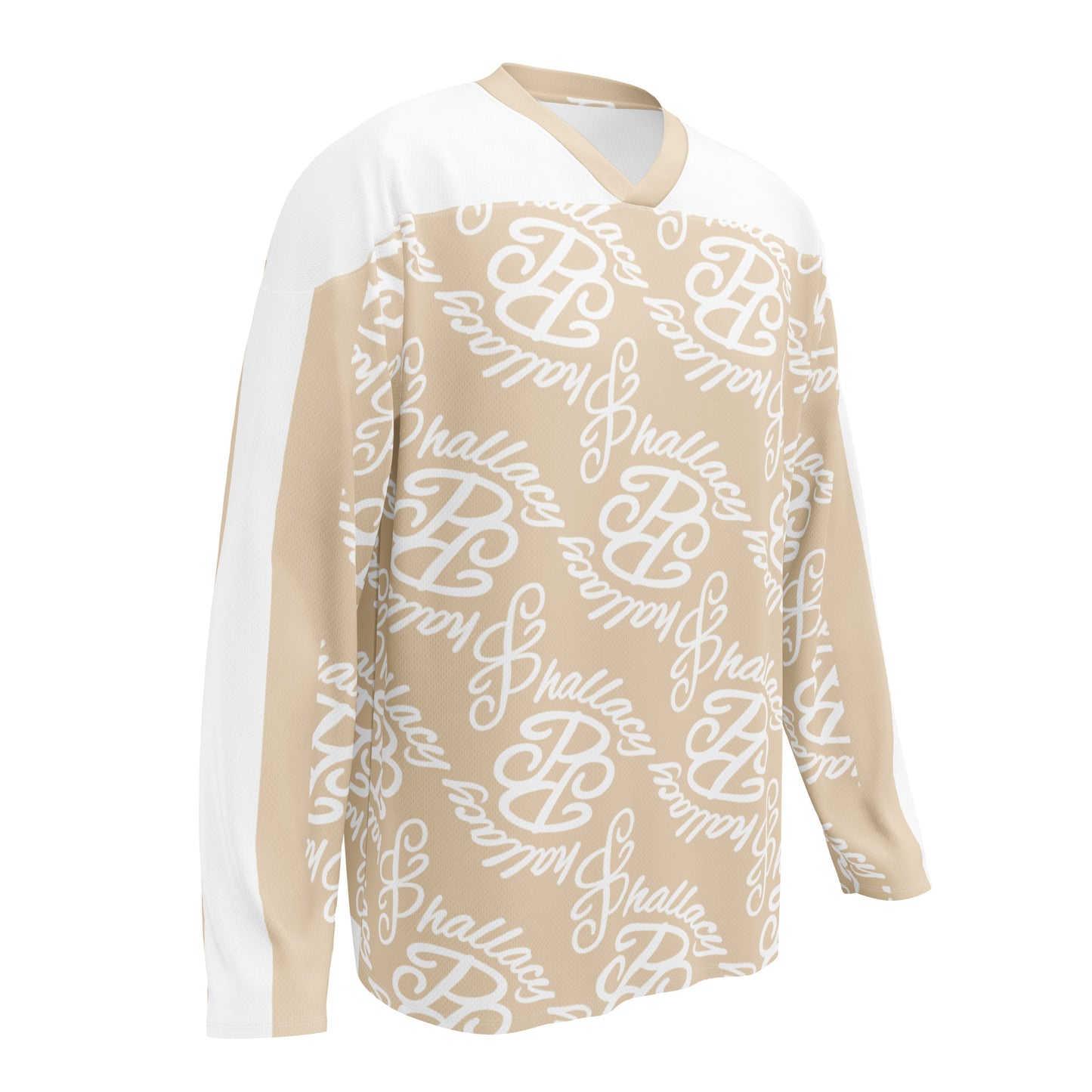 Designer hockey jersey featuring an all-over print in beige with white accents for stylish athletes