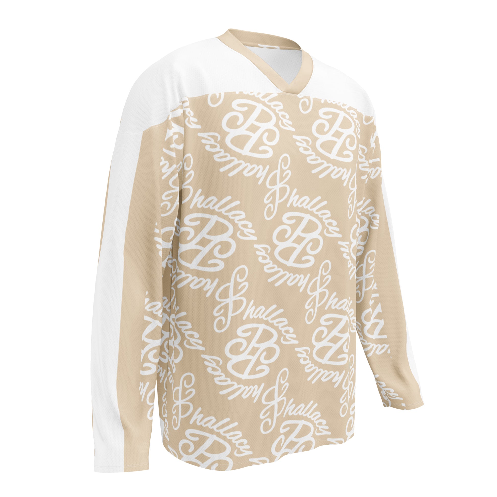 Designer hockey jersey featuring an all-over print in beige with white accents for stylish athletes