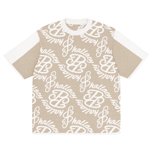 Designer knitted classic t-shirt with a stylish logo pattern in neutral colors for trendy outfits